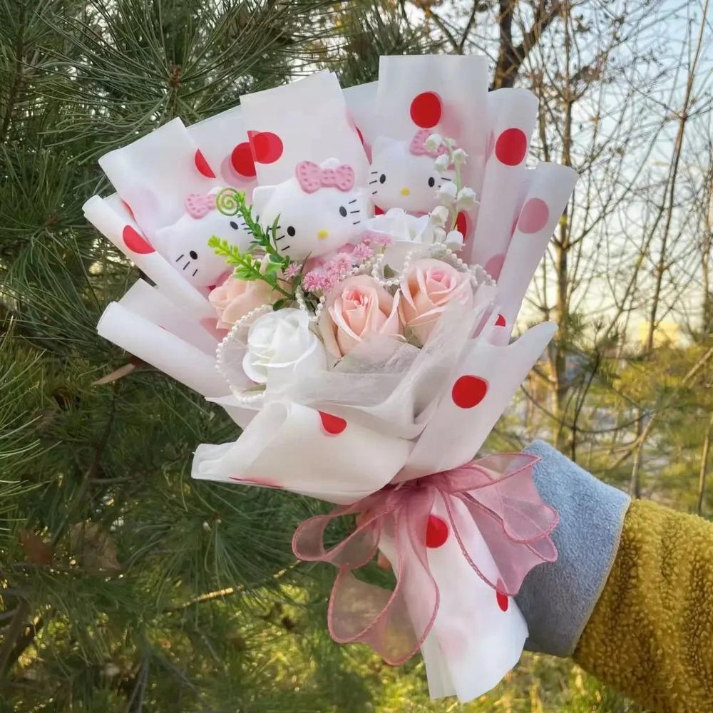 Bambole Gatto Kawaii Hello Kitty con Fiori Artificiali Bouquet Creativo Regali di Natale San Valentino Compleanno Laurea