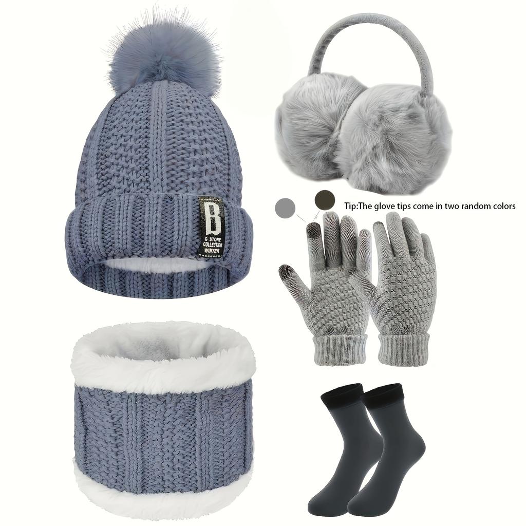 high quality5pcs/Set Winter Outdoor Sports Equipment: Thick Warm Knit Hat, Neck, Touch Screen Gloves, Plush Ear Muffs and Snow Socks, Suitable for