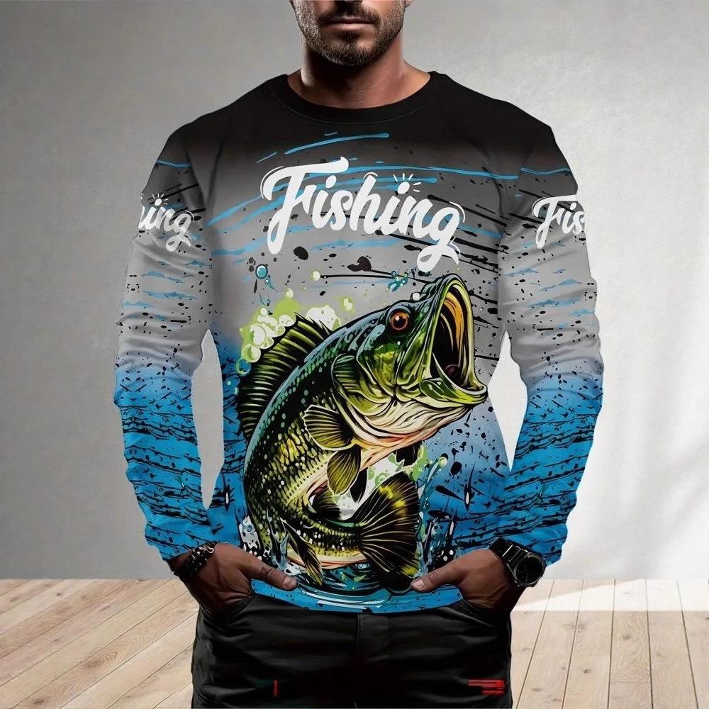 

New 3D Fishing Printed Street Trendy Loose Casual Men s Round Neck Long Sleeve T-shirt S