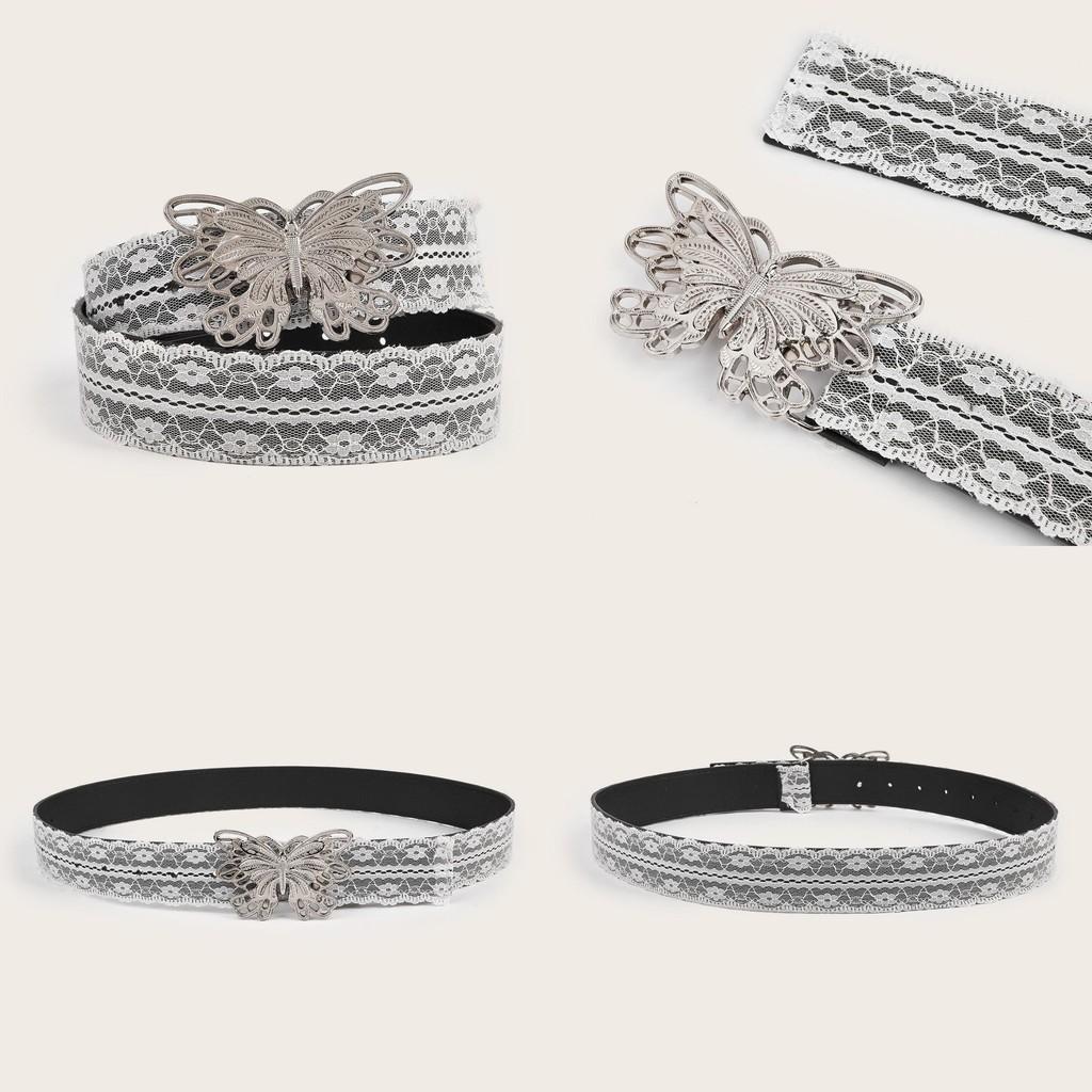 Silver Fashionable Butterfly Buckle Decor Women Casual White Lace Belt Waist