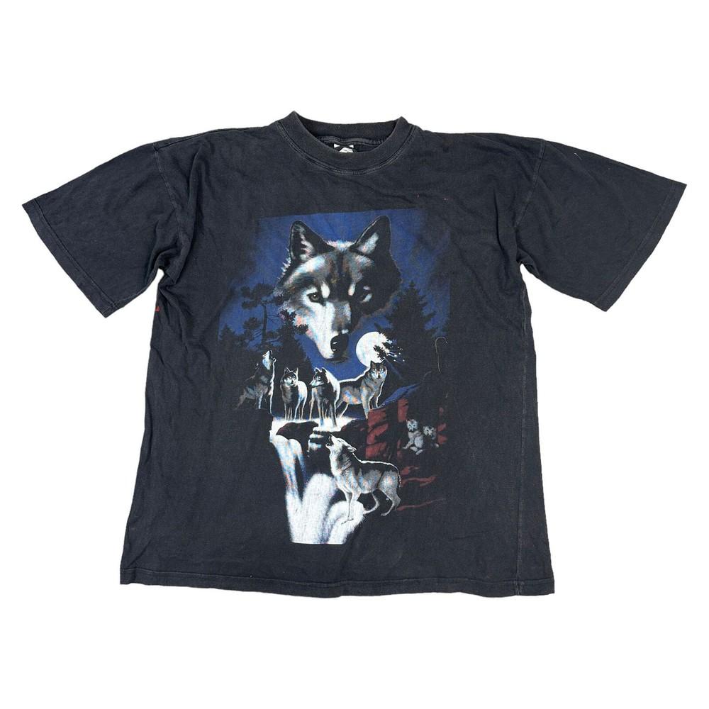 

Vintage Wolf Wildlife Graphic Print 90s T-shirt Oversized Black Mens 2XL