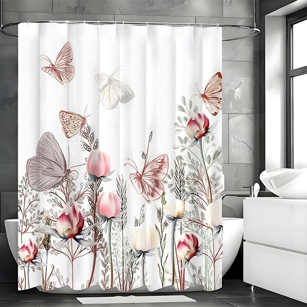 Spring Flower Butterfly Shower Curtain, Bathroom Decorative Shower Curtain, Waterproof Shower Curtain with Hooks