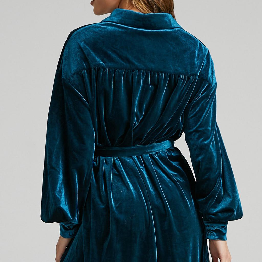 Autumn Winter Women's Velvet Lapel Shirt Dress, Long Button Front Dress with Lantern Sleeves, Comfortable Casual Blouse Style Maxi Dress