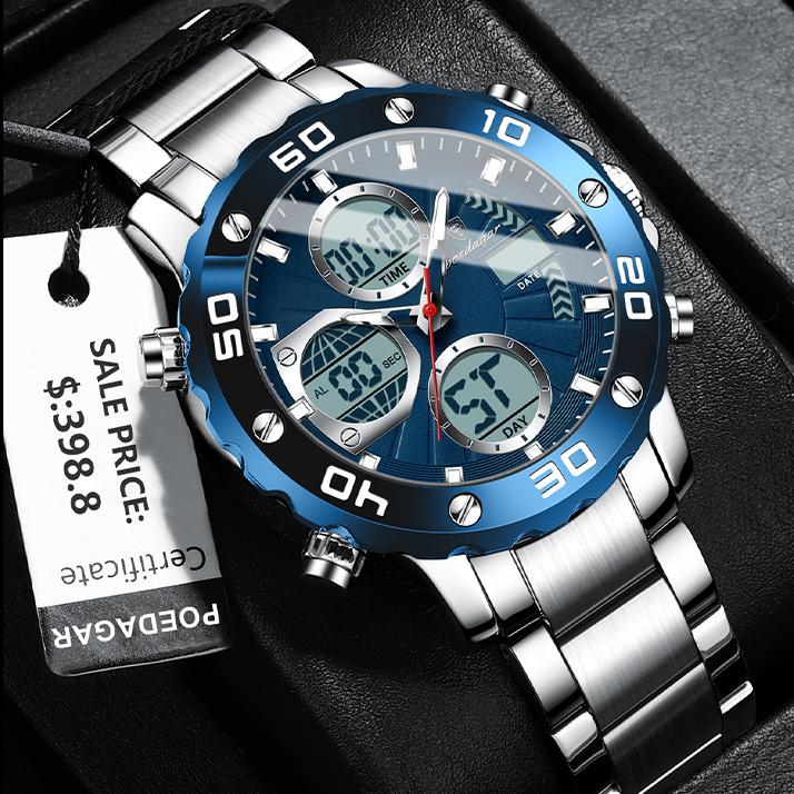 Poedagar E102 Analog Digital Quartz Men Watch Steel Band LED Dual Time Sport Watch Luminous Waterproof Chronograph Style