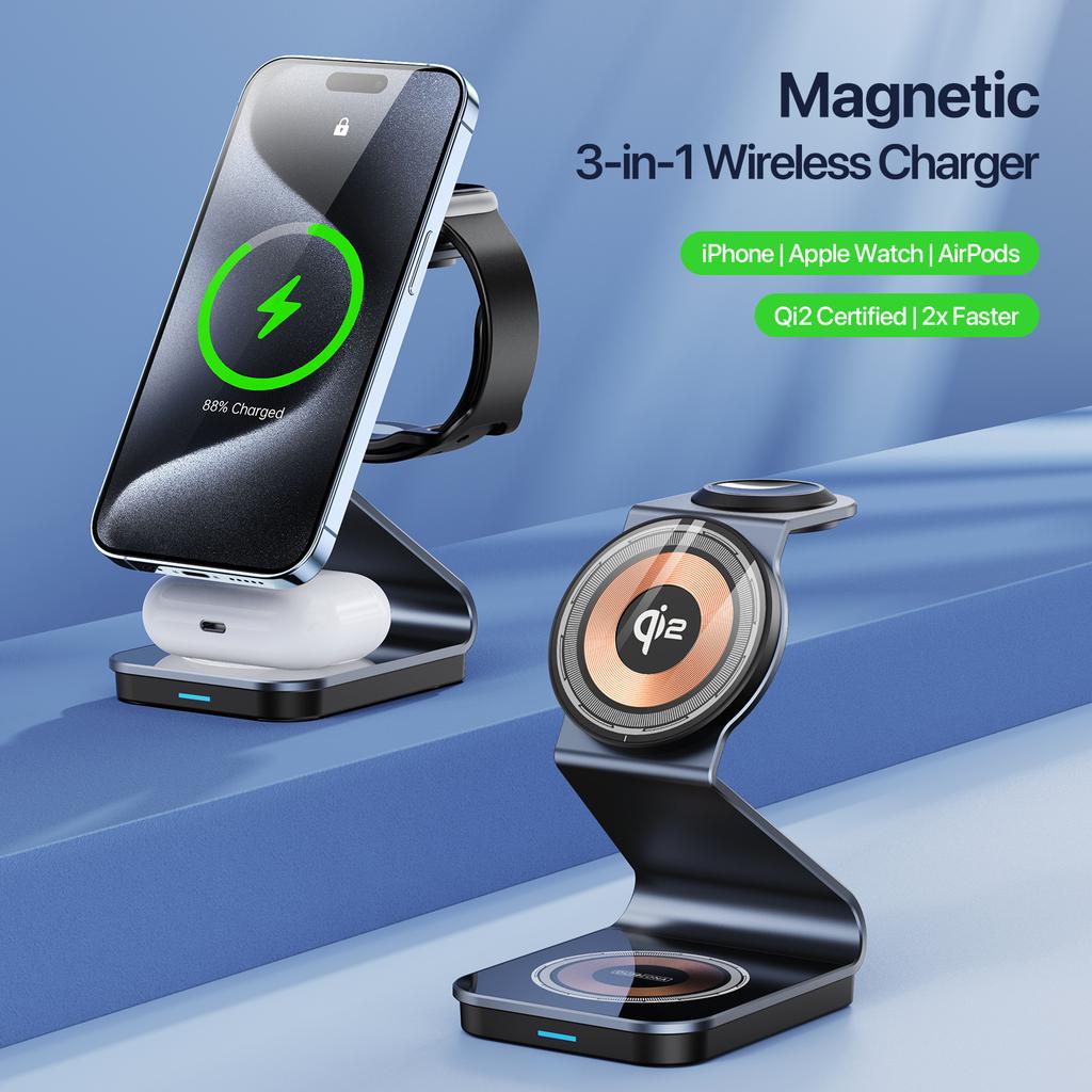 DUZZONA W21 3-in-1 15W Wireless Charging Stand Phone Earphone Watch Charger (Qi2 Certified) for iPhone 16 Series/Apple Watch 10/AirPods 4