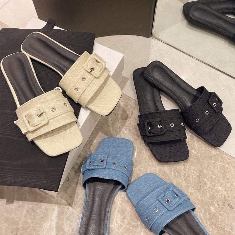 

Belt buckle large size one-word slippers for women s summer wear new fashionable versatile flat-bottomed non-slip beach cool slippers 43
