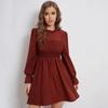 Spring/Summer 2022 European & American Round Neck Long Sleeve Waist-Hugging Solid Color Dress