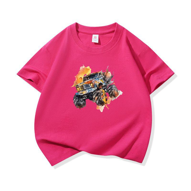 Kids Cotton T Shirt Bright Splash Offroad Vehicle Print Crew Neck Short Sleeve Tee Casual Breathable Boys Girls Summer Tops