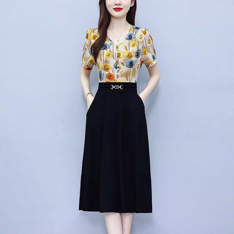 

Женское платье из двух частей с цветочной лоскутной отделкой и короткими рукавами XL жёлтый/цветочный