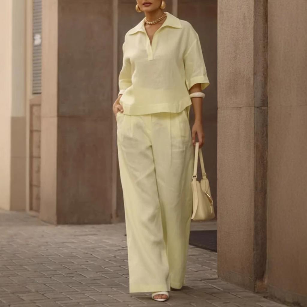 2026 European and American Cross-border Amazon Independent Station Spring and Summer New Solid Color Set, Thin Versatile Wide-leg Pants Two-piece Set