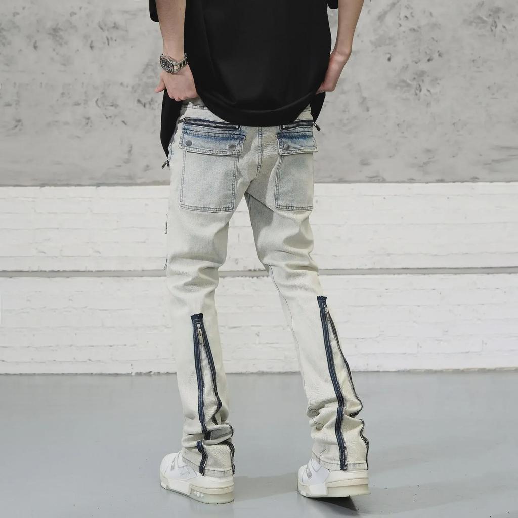 Męskie Amerykańskie Retro Jeansy Stretch z Wieloma Kieszeniami - Spodnie Barwione Błotem Żółtym