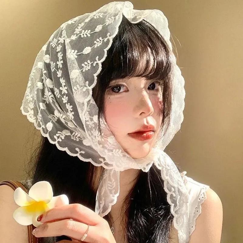 Fashion Harajuku Flower Lace Headscarf Women Pastoral Style Spring Summer Sweet Girls Triangle Scarf Hair Band Hair Accessories