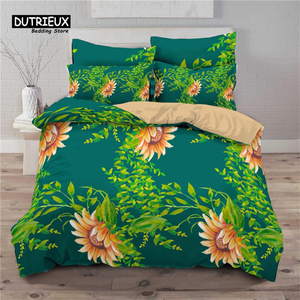 Sunflower Bedding Set Modern Microfiber Yellow Flowers Print Duvet Cover Alluring Sunflowers Summer Inspired Design Quilt Cover