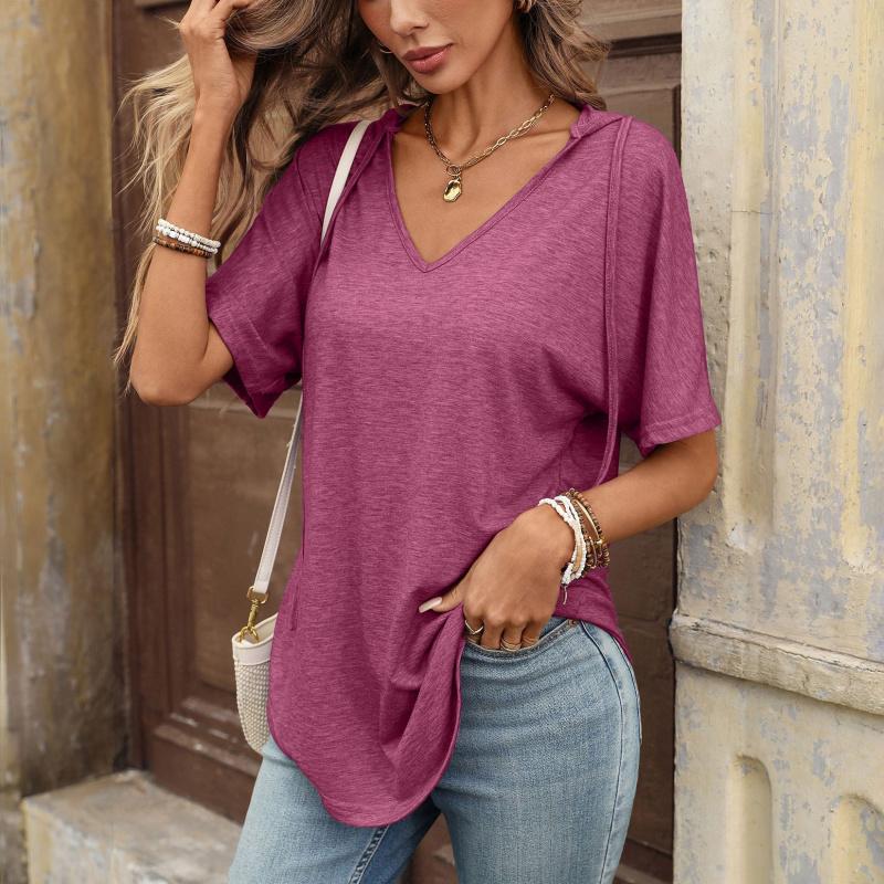 2026 Spring/Summer New Solid Color V-Neck Drawstring Hooded T-Shirt for Women Casual Short Sleeve
