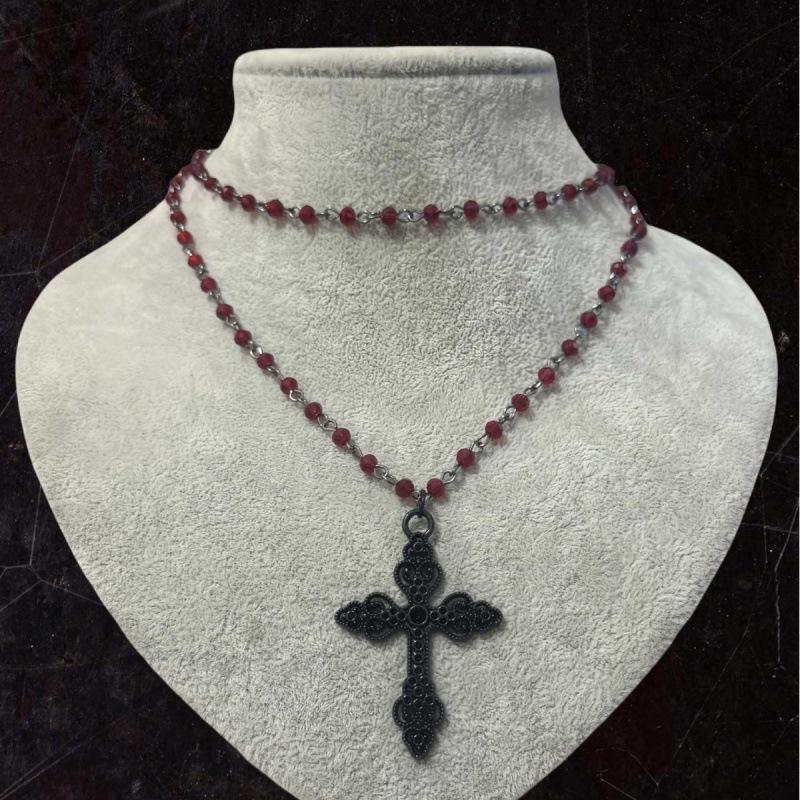 Gothic Layered Black Cross Necklace – Fashionable Vampire Beaded Design