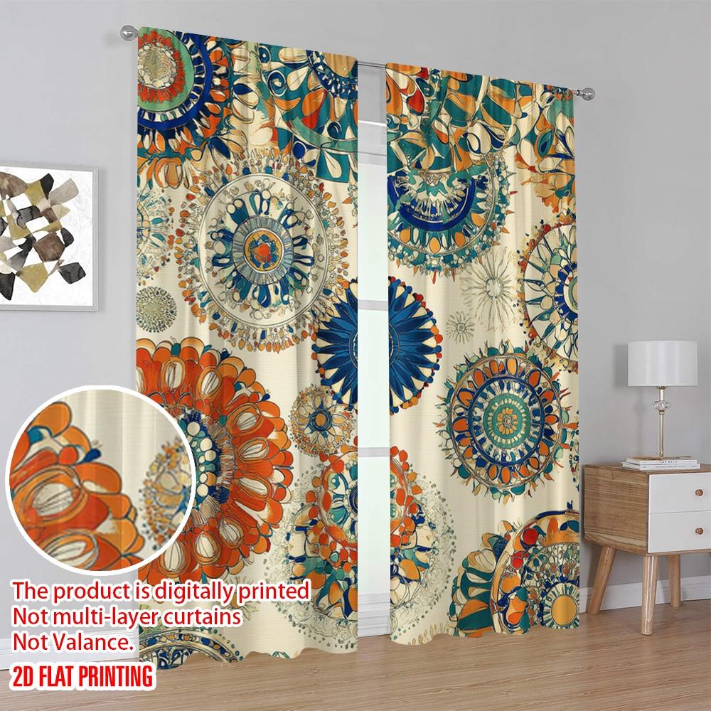 2D Flat Printing 2pcs Curtain Floral Boho Pattern Blackout Polyester Versatile Use for Bedroom Living Room