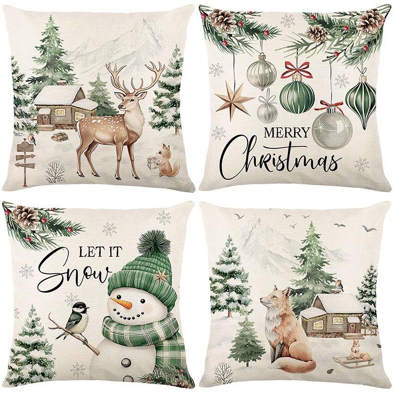 Christmas Theme Short Plush Pillow Cover Set Holiday Print Cushion Case for Living Room Sofa Home Decor 45x45cm