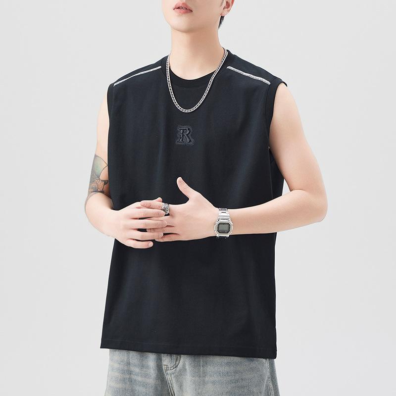Updated Summer Vest for Men Round Neck Bright Thread Embroidered Sleeveless T-shirt Vintage Style Relaxed Fit Shoulder