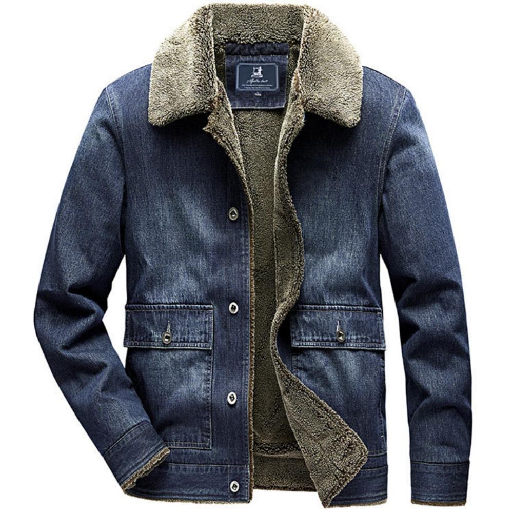 Neue Winter Herren Fleece Warme Jeansjacken Große Taschen Cargo Jeansjacken Hohe Qualität Männlich Hellblau Slim Jeansmäntel Größe 4X
