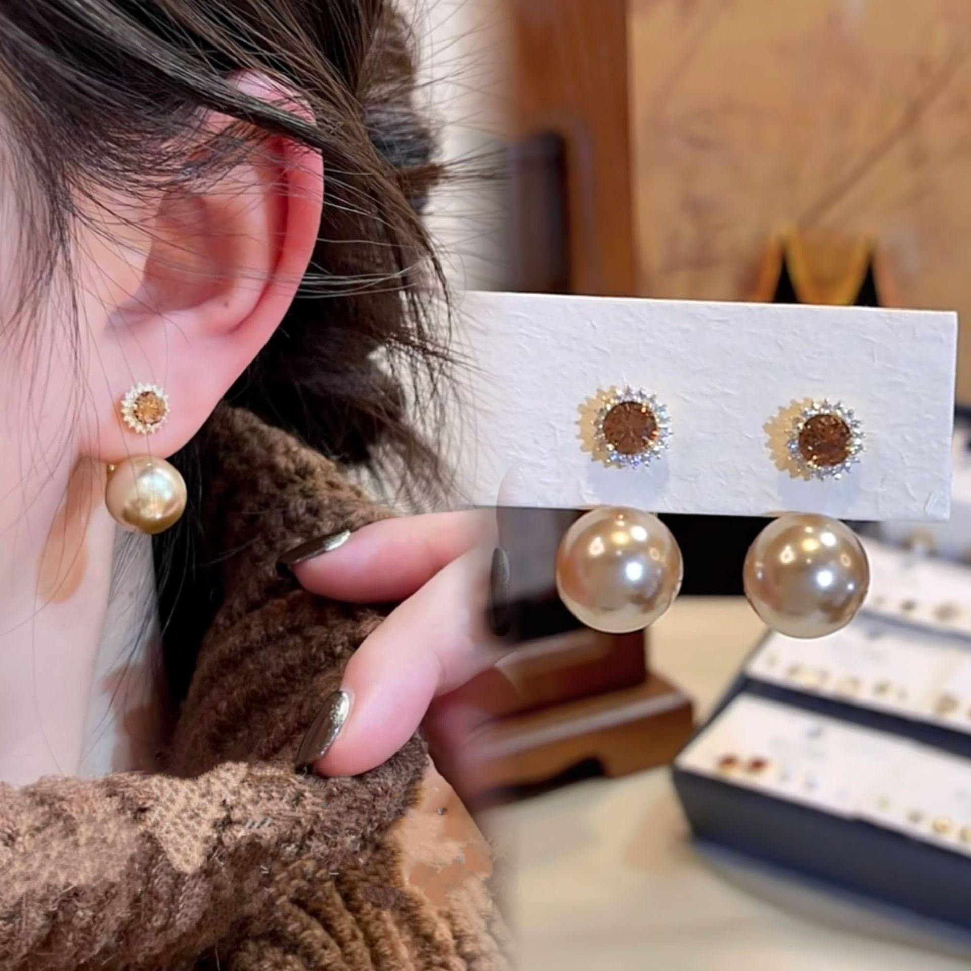 Exquisite French Champagne Zircon Pearl Flower Earrings: Versatile Two-Way Wear Luxury Studs for Women