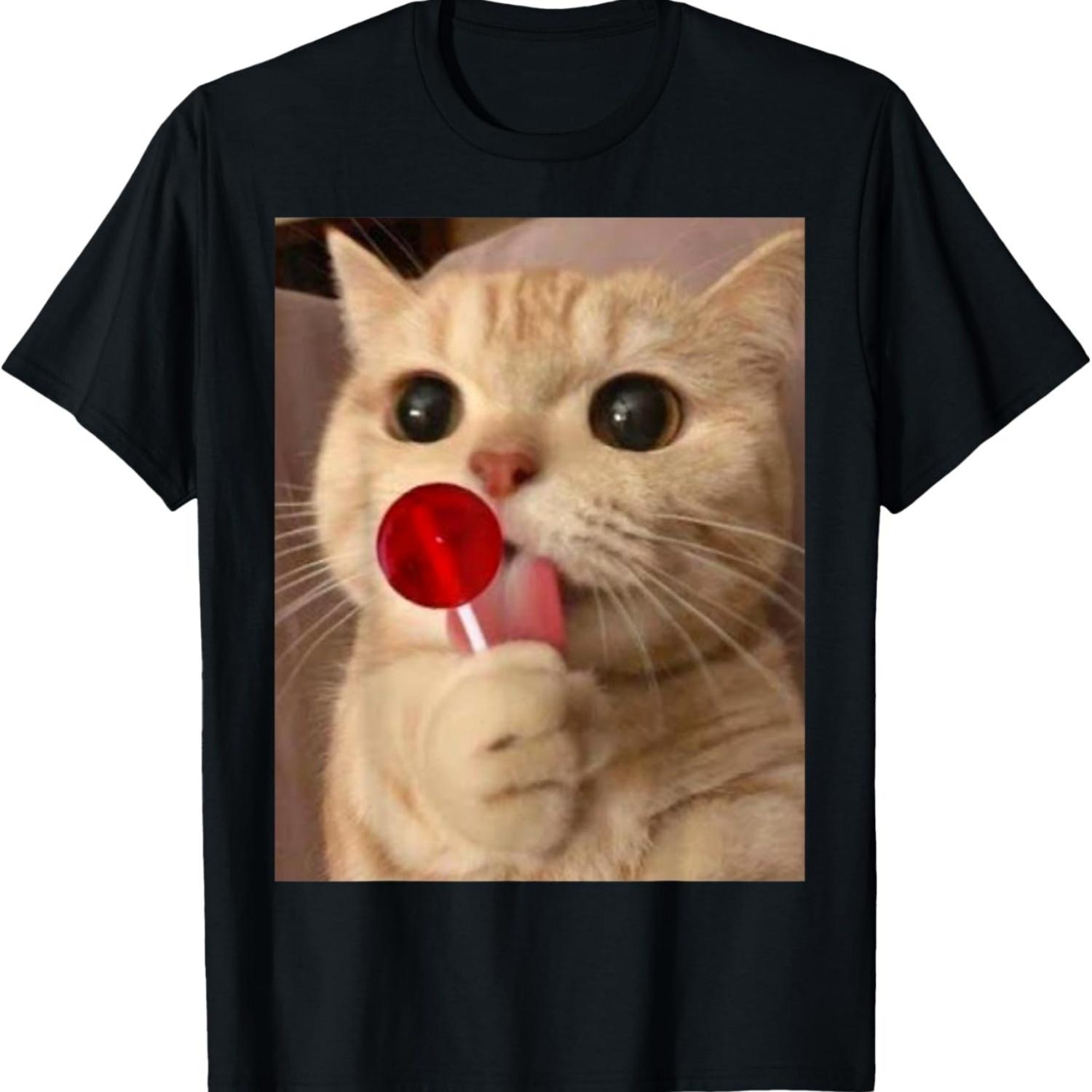

Funny Cute Cat Licking A Lollipop Viral Gen Z Meme Cat Lover T-Shirt S чёрный