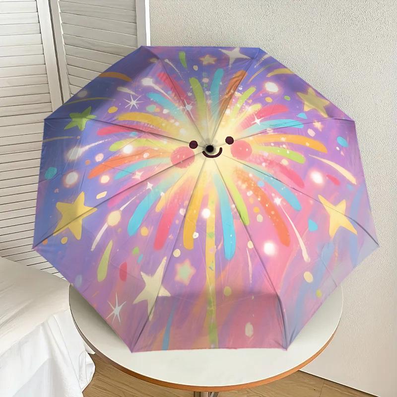 Rainbow Fireworks Happy Face Umbrella: Automatic Opening & Closing, Outdoor Protection, Lightweight Travel Accessory, Durable Gift for Any Occasion