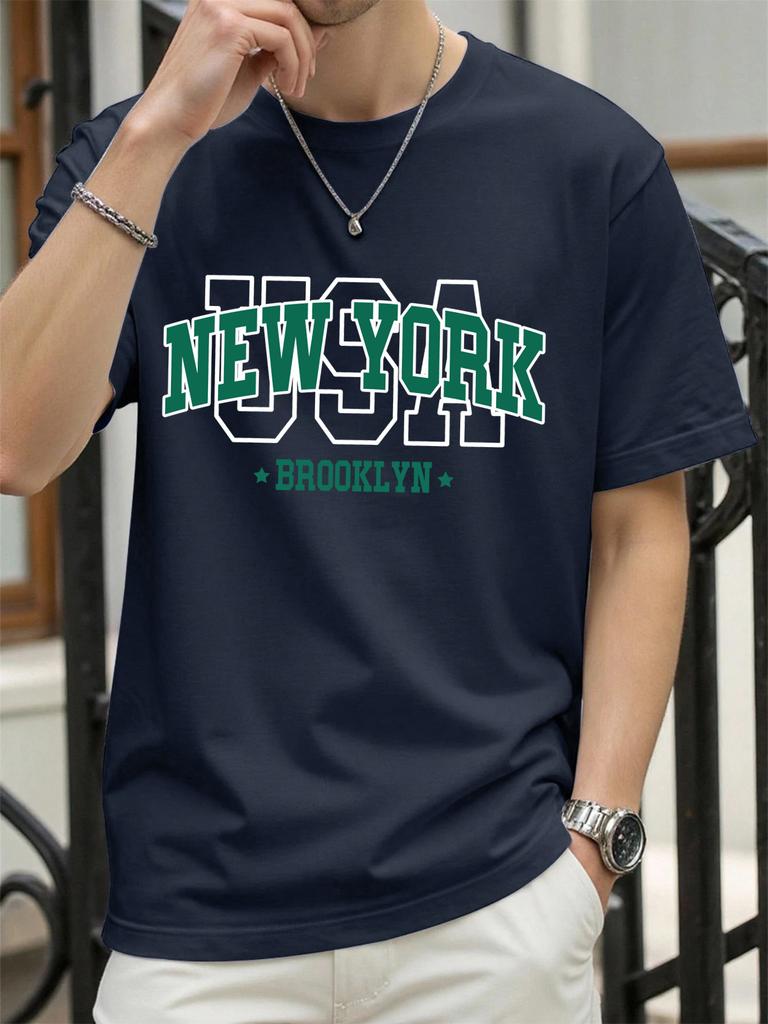 Usa New York Brookl Yn Print Mens T Shirts Hip Hop AllMatch Tops Casual Cotton Vintage Clothes Male Loose Crewneck Streetwear