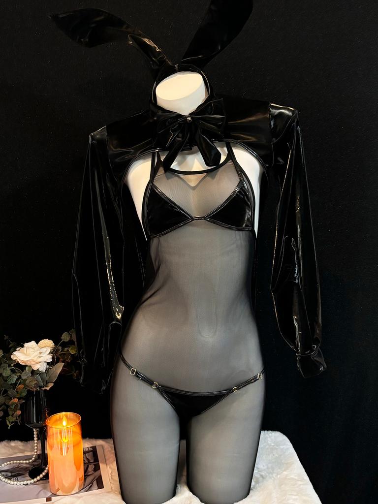 Sexy Tuxedo Cute Bunny Girl Cosplay Costume Sexy Translucent Patent Leather Bodysuit School Girl Kawaii Rabbit Uniform Lingerie