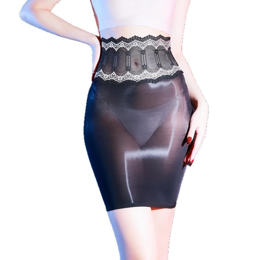 Perspective silky smooth and shiny lace waist horse oil hip skirt sexy tight body perspective hot temptation free stockings skirt