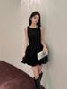 French small fragrant style black vest neck dress female summer small temperament waist thin birthday cake dress