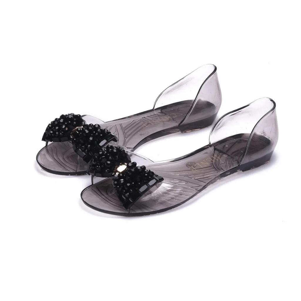 Fashion Women's New PVC Transparent Sandals Summer Flat Jelly Shoes Glass Diamond Bow Fashion Shoes Plastic Fish Mouth Shoes