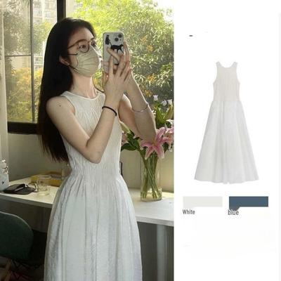 Summer 2024 Women's White Textured Sleeveless Dress - Waist-Slimming, High-End, Long Design