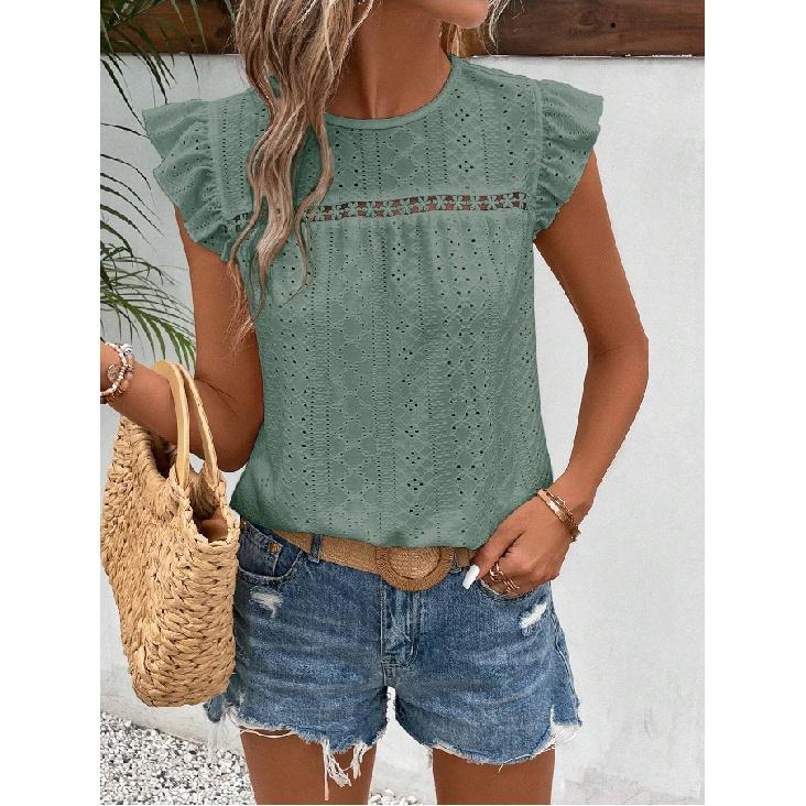 Summer Women's New Round-neck Lace Solid Color Ruffle Short-sleeve Top Casual T-shirt