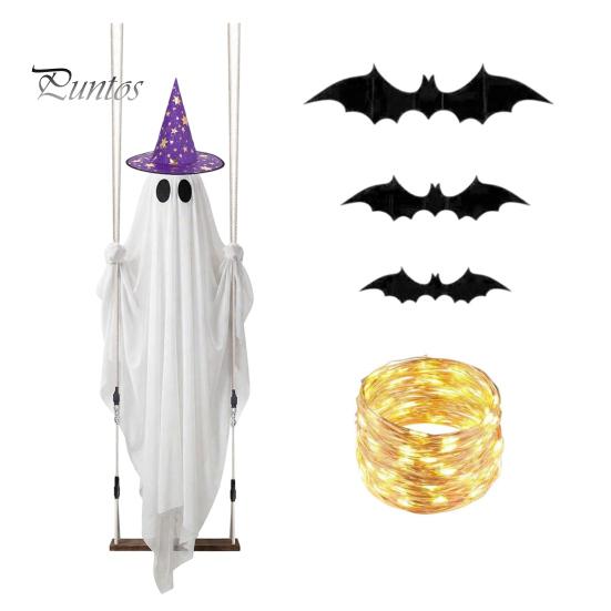 Gruselige Halloween-Außendekorationen Schwingender Geister-Hängeornament mit LED-Lichterkette zur Dekoration, Verstellbare Dekoration Süßes oder Saures Leuchtendes Ornament