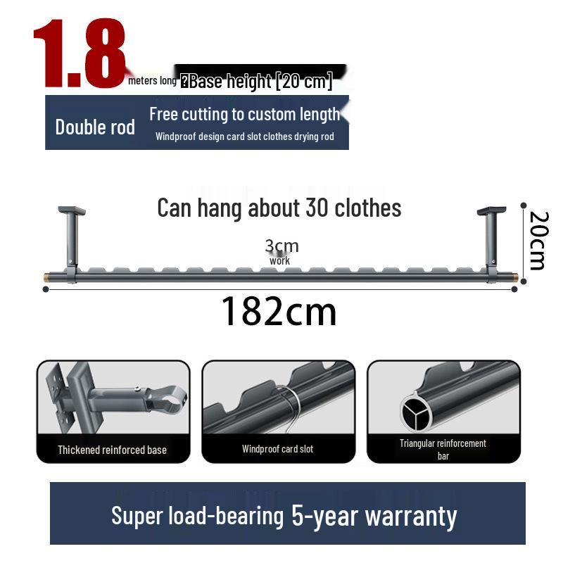Aluminum Windproof Balcony Drying Rod - Top-Mounted, Hole-Punching Design for Secure Clothes Hanging