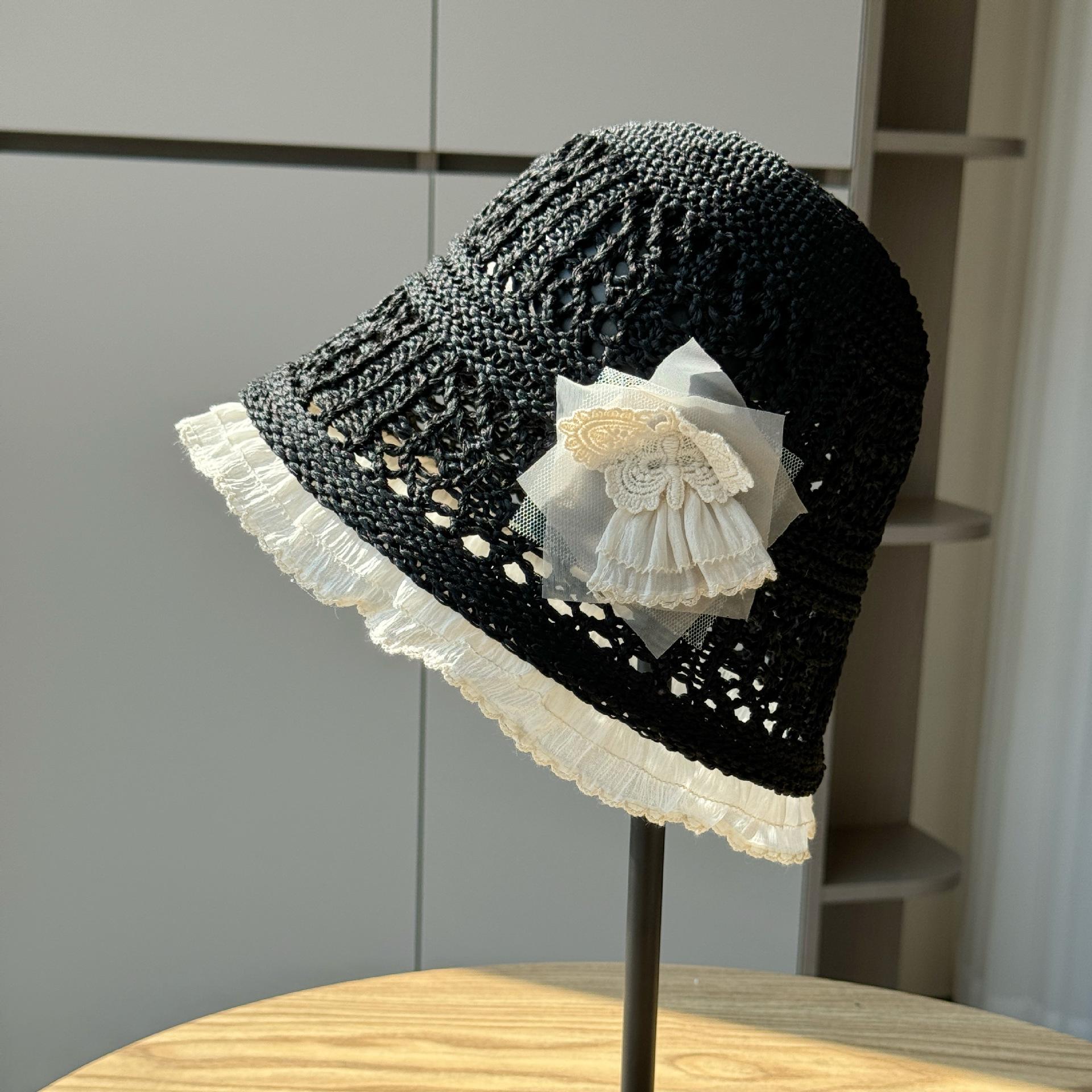 

French-style lace bucket hat for women, new spring and summer hollow-out sunshade and sunscreen seaside fisherman hat Adult54-60Average Size чёрный
