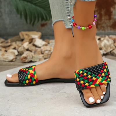 Mode Damen Schuhe 2025 Zehenfrei Damen Hausschuhe Outdoor Strand Hausschuhe Damen Gemischte Farben Quadratische Zehe Flach mit Übergröße Sandalen