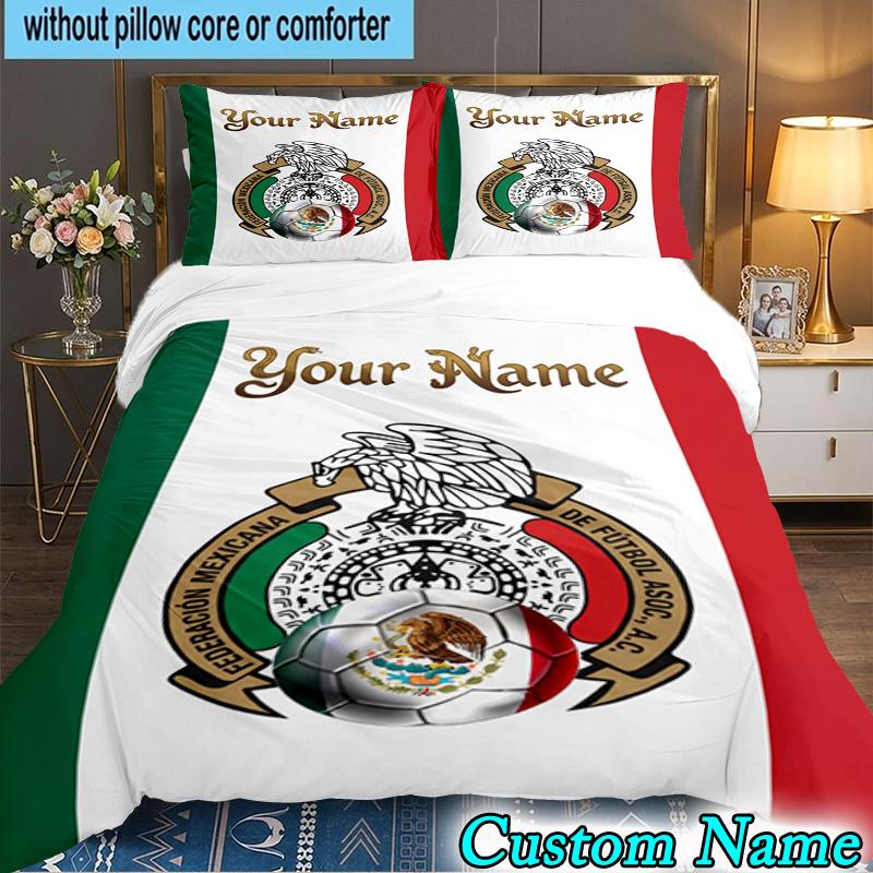 Custom Name Mexico Football Emblem 3PCS Bedding Set For Bedroom Dormitory,Including 1pc Duvet Cover And 2pcs Pillowcases Large size Fan gift