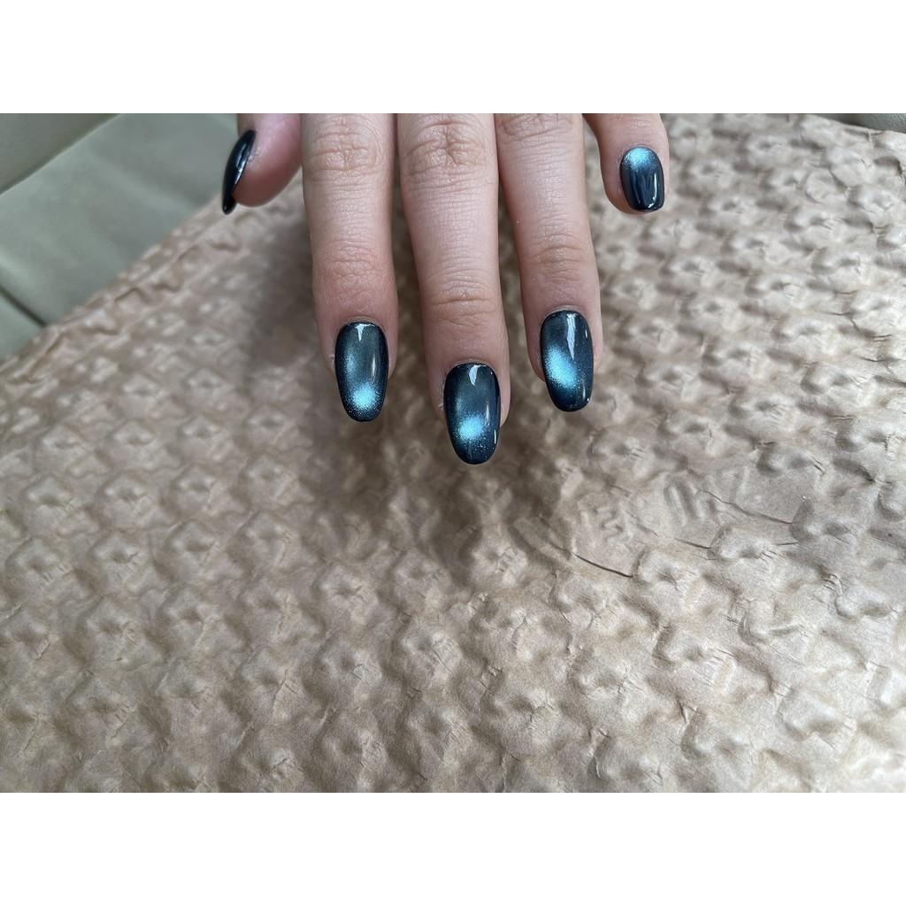 100% HANDMADE Oval Shape Fake Nail With Glue Dark Green Cat Eye Acrylic Press On Artificial Fake Nails Reusable Nails