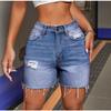 Summer Women's High Stretch Denim Shorts Holes High Waist Tassel Jeans with Pockets Female Streetwear Knee-length Pants