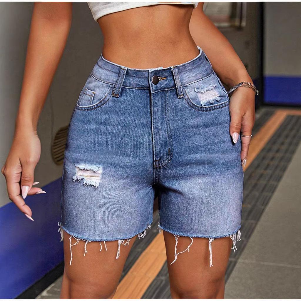 Summer Women's High Stretch Denim Shorts Holes High Waist Tassel Jeans with Pockets Female Streetwear Knee-length Pants