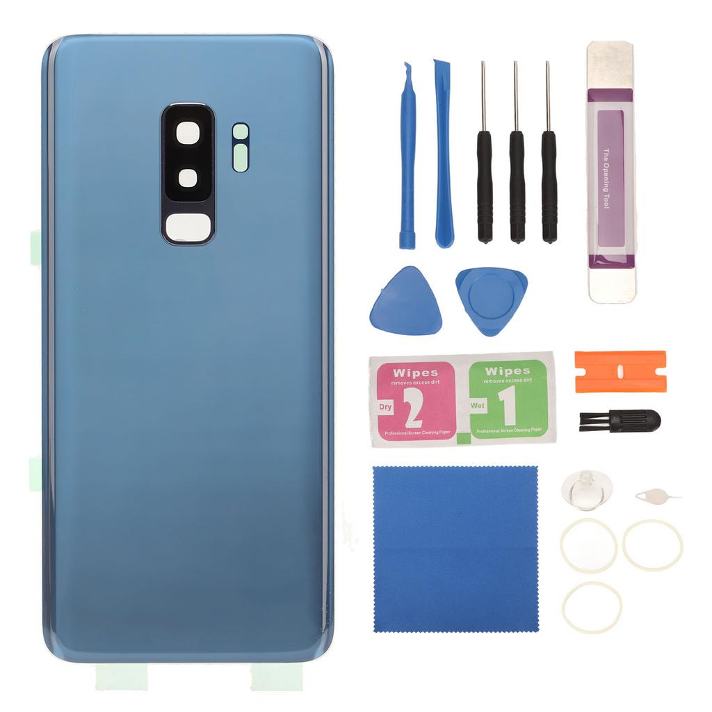 Battery Back Glass Cover Replacement Rear Door Housing with Pre Installed Camera Lens Tape for Galaxy S9+ Plus G965 Blue