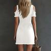 Women Casual V Neck Zip Front Dress Short Sleeve Cold Shoulder Irregular Hem Mini Dress with Pocket Detail