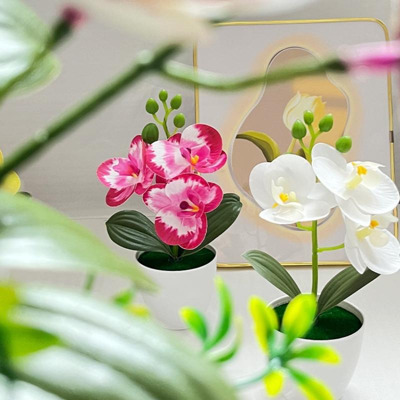 Artificial Orchid Potted Plant 3 Heads Mini Phalaenopsis Fake Flower Plastic Desktop Ornament Home Living Room Decoration