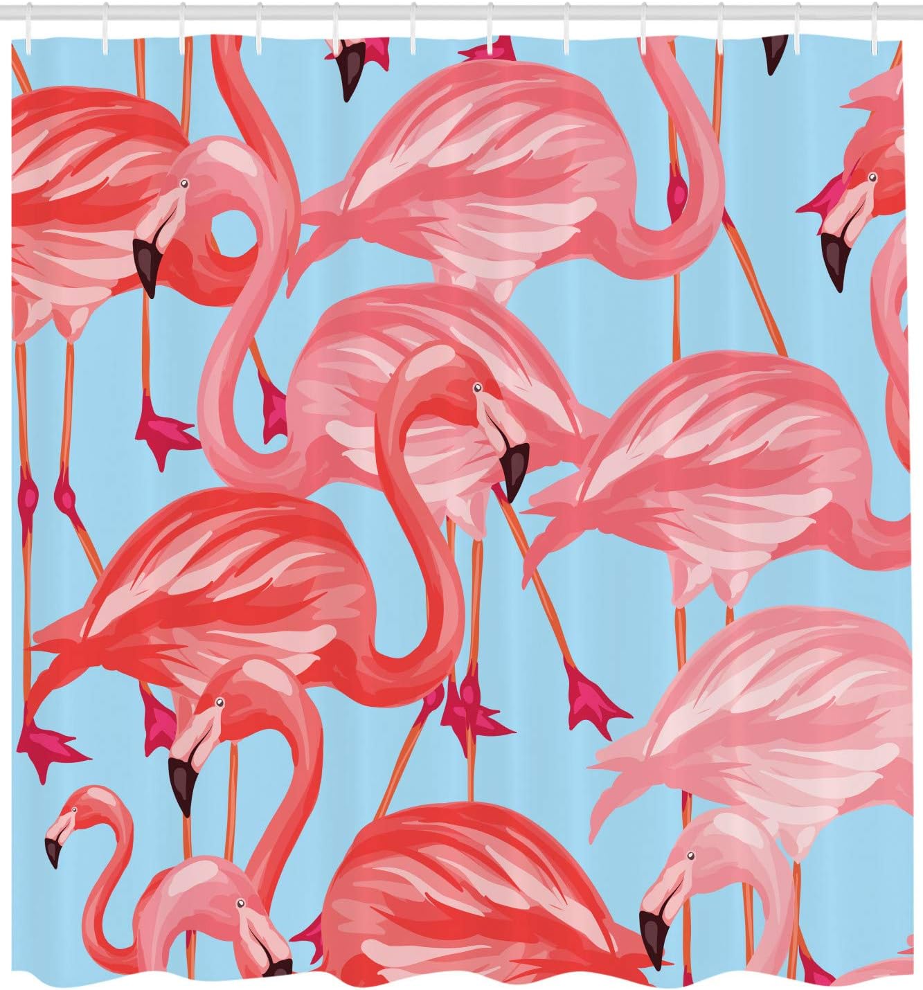 Flamingo Shower Curtain with Hooks – Tropical Pink Flamingos Pattern, Blue Coral Background, Exotic Nature Art Decor 90x180cm35x71in