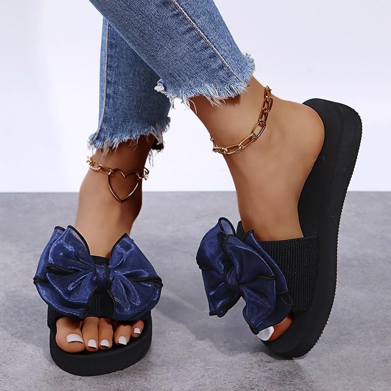 Mode Damen Keilabsatz Sandalen Sommer Neu Runde Zehenpartie Offene Zehen Stoff mit Schmetterlingsknoten Dicke Sohle Rutschfest Abriebfest Hausschuhe