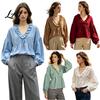 Langarmshirt Damen Rüschen V-Ausschnitt Elegant Lässig Ärmel Bluse Laternen Ärmel Leichtes Polyester Falten