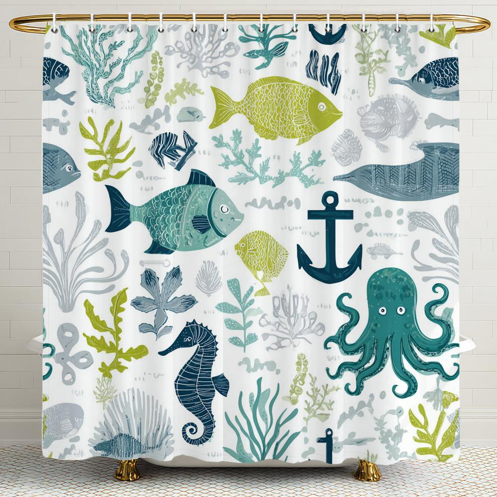 Cartoon ocean underwater world Shower Curtain, Bathroom Decorative Shower Curtain, Waterproof Shower Curtain with Hooks