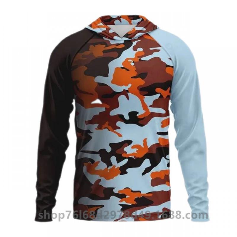 Mens Ice Silk Long Sleeve Fishing Shirt With Integrated Camo Face Cover Hood UPF50 Sun Protection Lightweight Quick Dry