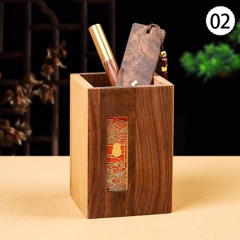 1pc Solid Wood Pen Holder Light Luxury Office Desk Storage Box Vintage National Style Home Office Ornaments Holiday Gifts